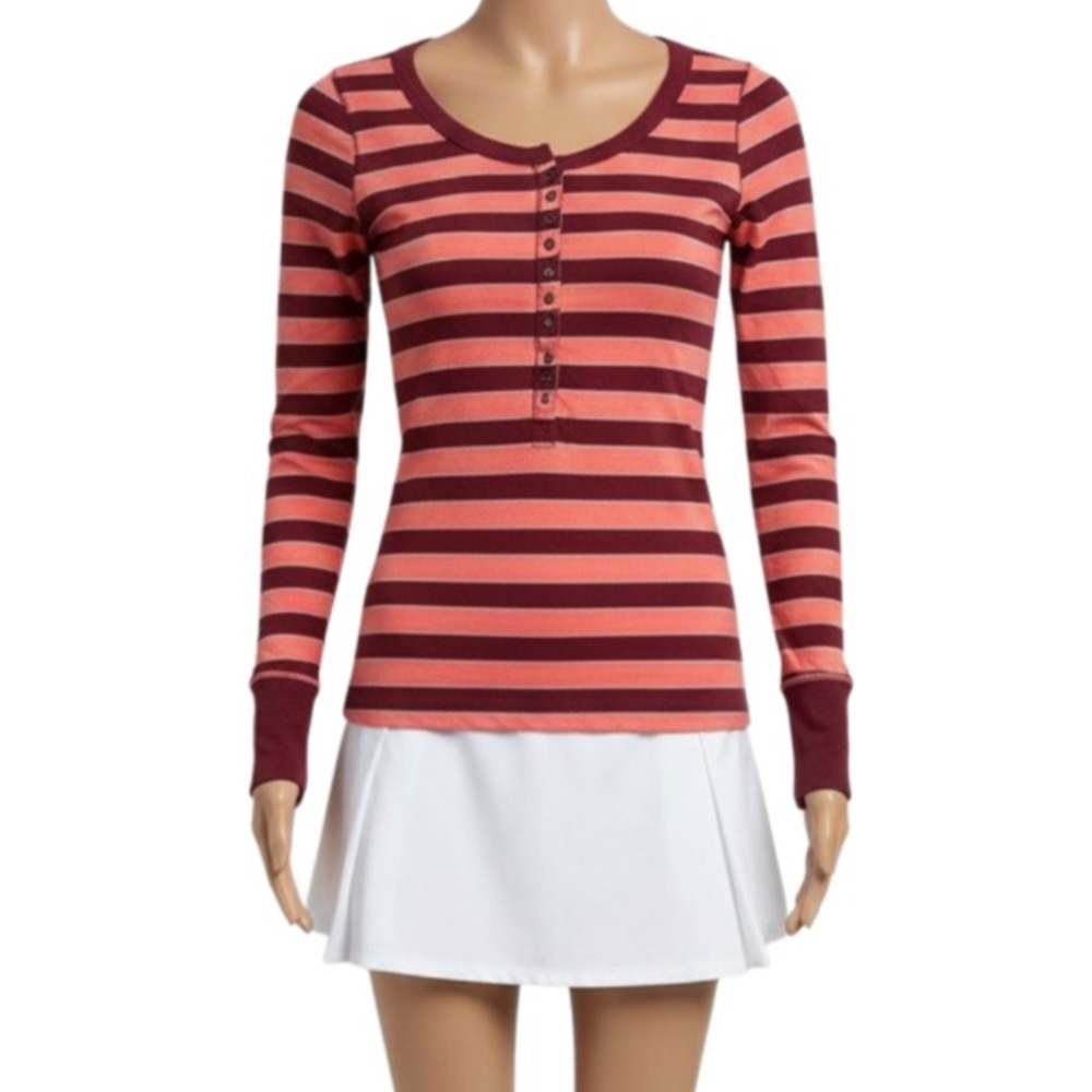 Aeropostale Womens Striped Henley Long Sleeve Stretch Slim Fit Top Size S